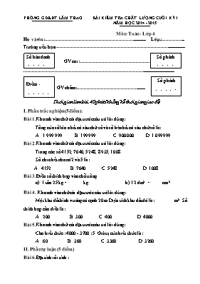Đề kiểm tra chất lượng cuối kỳ I môn Toán Lớp 4 - Năm học 2014-2015 - Phòng GD & ĐT Lâm Thao